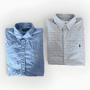 2 Polo Ralph Lauren Shirt Men's XL Blue Plaid Bermuda Poplin Silk Cotton